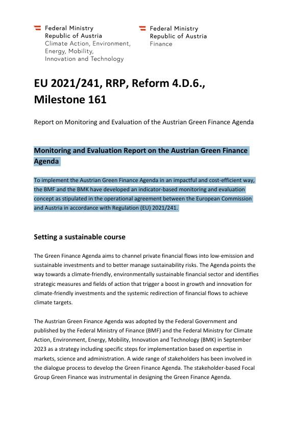 Cover Report on Monitoring and Evaluation of the Austrian Green Finance Agenda