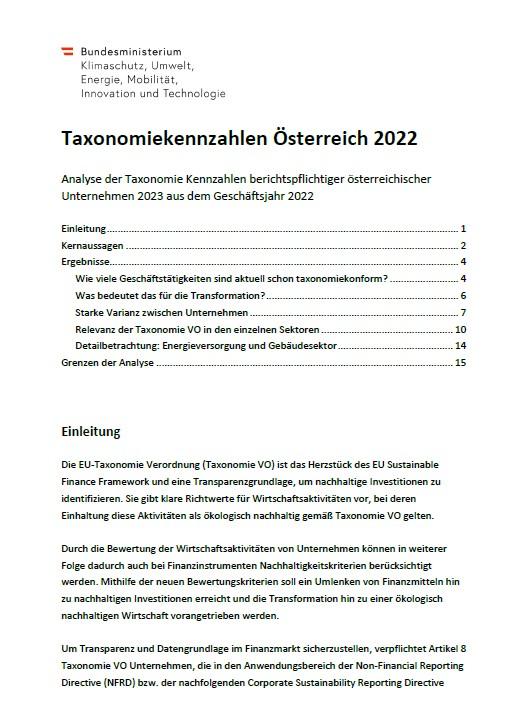 Cover Taxonomiekennzahlen Österreich 2022