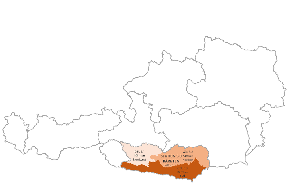 Österreichkarte mit Markierung von Kärnten der Wildbach- und Lawinenverbauung