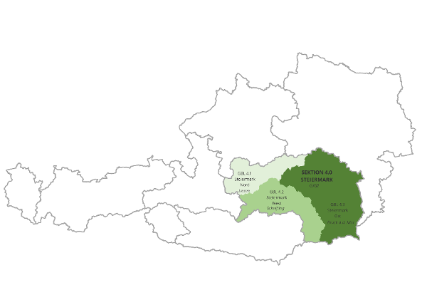 Österreichkarte mit Markierung von Steiermark der Wildbach- und Lawinenverbauung