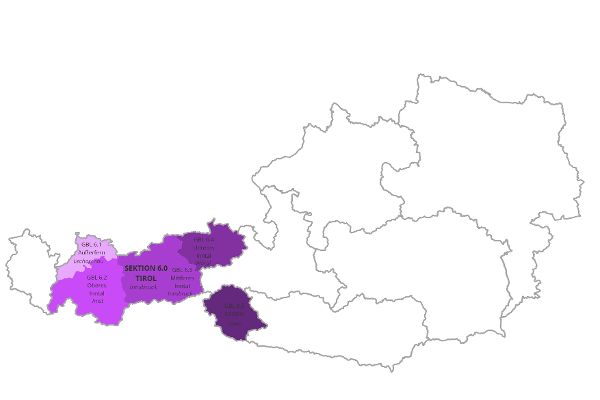 Österreichkarte mit Markierung von Tirol der Wildbach- und Lawinenverbauung