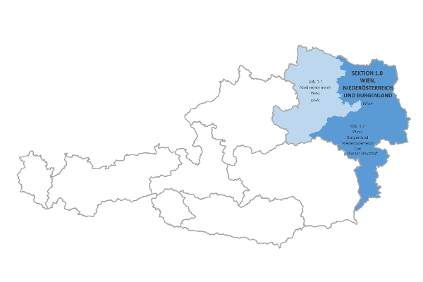 Österreichkarte mit Markierung von Wien, Niederösterreich, Burgenland der Wildbach- und Lawinenverbauung<br/>