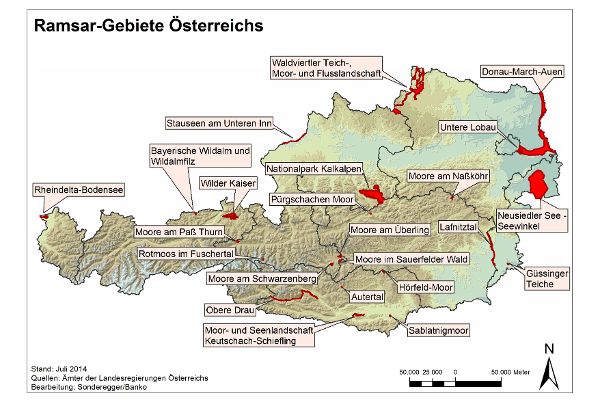 Austria map of the Ramsar areas