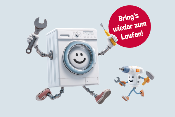 Illustration einer Waschmaschine und einer Bohrmaschine mit dem Text "Bring's wieder zum Laufen"