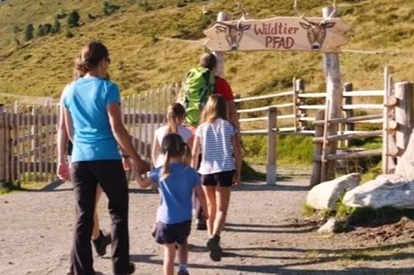 Hubertus Wildtierpfad - eine Familie betritt den Pfad bei der Eingangstafel
