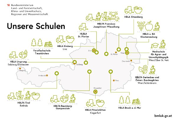 Schulen des BMLUK auf einer Österreichkarte verortet
