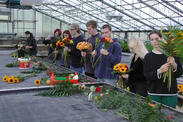 Burschen und Mädchen beim Blumenbinden