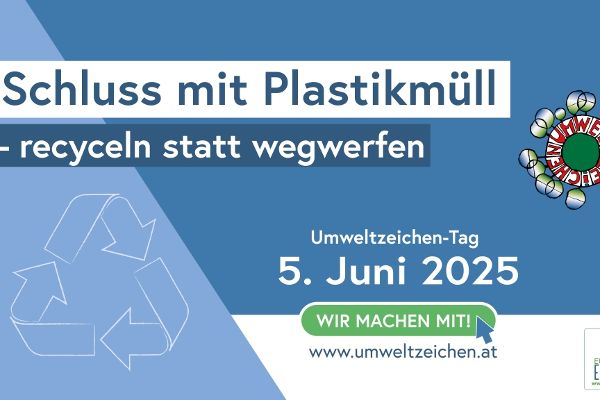 Ein Banner des Umweltzeichen-Tags am 05. Juni 2025 mit dem Motto "Schluss mit Plastikmüll - Recyceln statt wegwerfen"