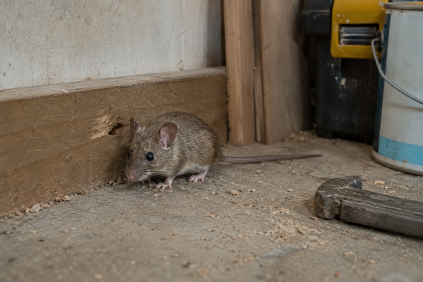 Maus kauert sich in eine Werkstatt-Ecke