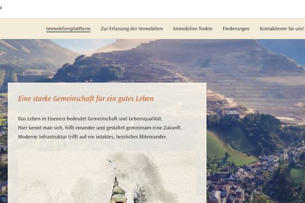 das Bild zeigt die Titelseite zur Webseite mit einem Foto der Landschaft mit dem Erzberg