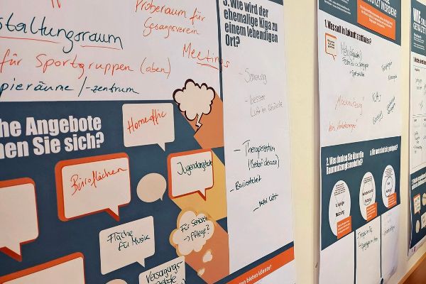 zeigt drei Plakate zum Workshop, auf welchen die Ideen der Teilnehmenden stehen