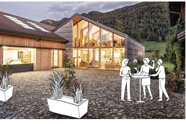 Ein Foto von einem Innovationhub mit sprechenden Personen illustriert. 