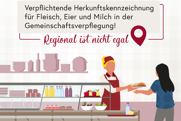 Illustration einer Frau, die ein Tablett in einer Kantine von einer Servicemitarbeiterin entgegennimmt. Text: Regional ist nicht egal. Verpflichtende Herkunftskennzeichnung für Fleisch, Eier und Milch in der Gemeinschaftsverpflegung!