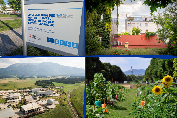 Kohäsionspolitik Collage mit Grünraum in der Stadt, Forschung, EFRE Förderungstafel