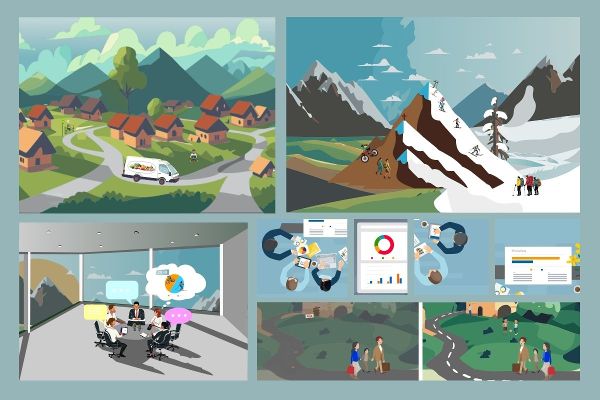RESY Illustration Collage mit Bergen, Dörfern, Diagrammen und Tabellen