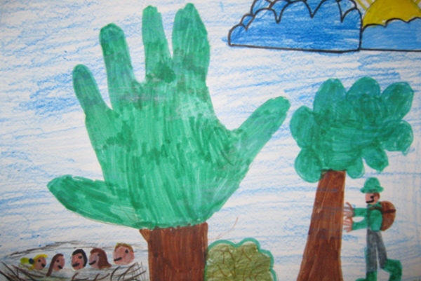 Kinderzeichnung mit Bäumen, Waldpädagogen und Kindern