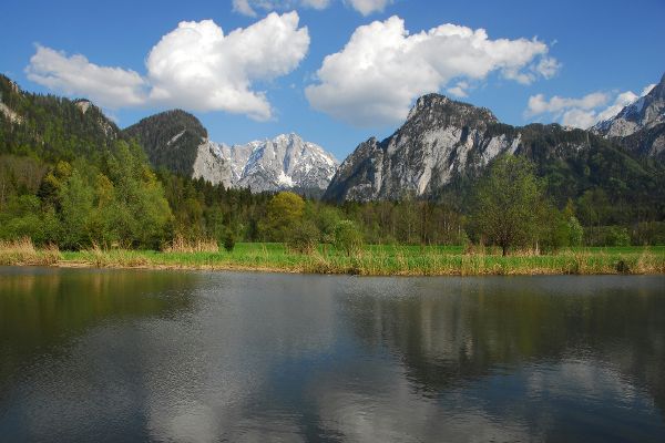 Blick von Grieshoflacke im Vordergrund zum Gesäuseeingang mit Panorama der Berge, Himbeerstein, Hochtorgruppe, Haindlmauer, Festkogel, Kleiner Oedstein, im Tal Feuchtwiese und Laubwald, an den Berghängen Nadel- und Mischwälder