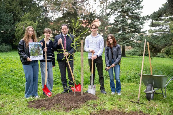 Der Bundesminister und vier Schüler:innen stehen rund um eine neu gepflanzte, junge Lärche im Garten Schönbrunn. Sie halten Schaufeln und ein Plakat mit dem Titel "Lärche" in die Kamera.