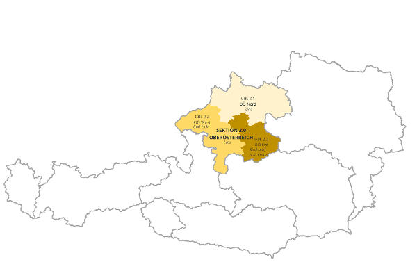 Österreichkarte mit Markierung von Oberösterreich der Wildbach- und Lawinenverbauung