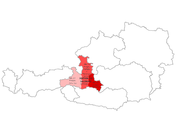 Österreichkarte mit Markierung von Salzburg der Wildbach- und Lawinenverbauung 