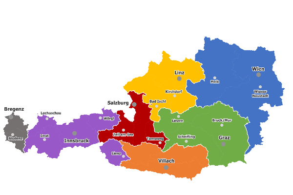 Österreichkarte mit Standorten der Wildbach- und Lawinenverbauung