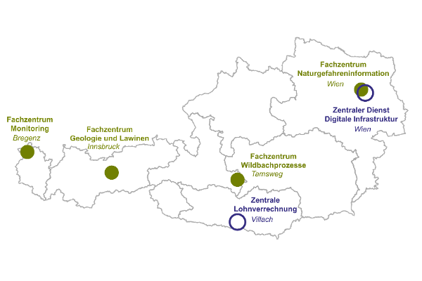 Österreichkarte der Fachzentren und Zentralen Dienste der Wildbach- und Lawinenverbauung