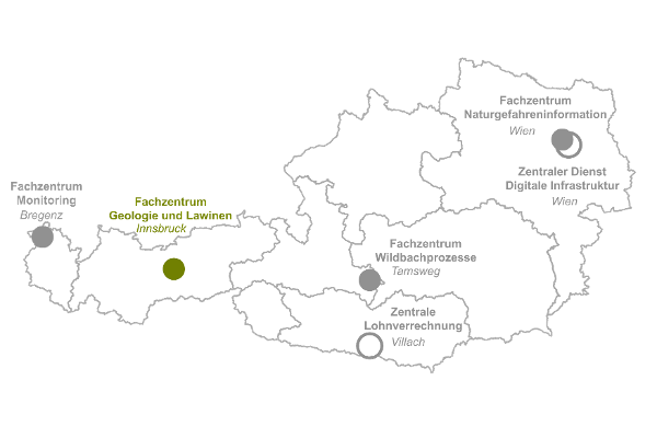 Österreichkarte der Fachzentren für Geologie und Lawinen der Wildbach- und Lawinenverbauung