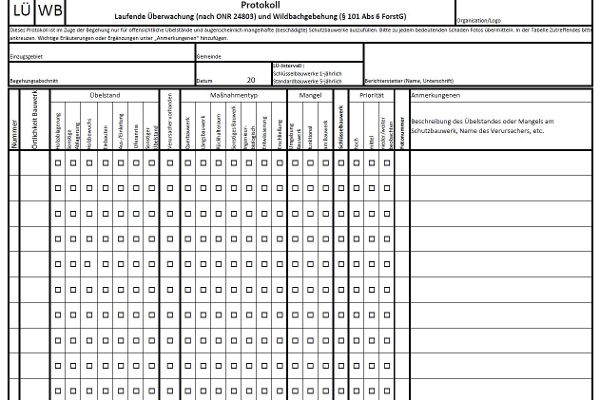 Aufnahmeformular für laufende Überwachung und Wildbachbegehung