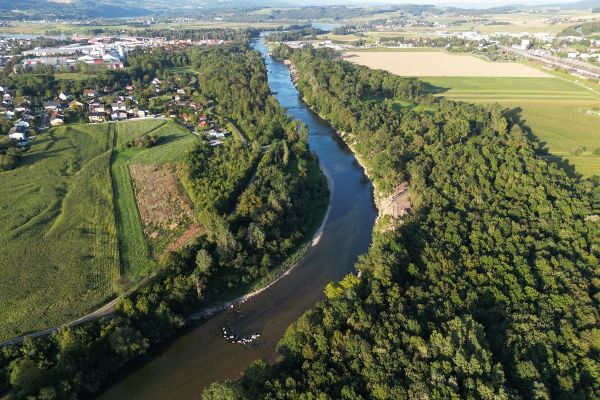 Fluss schlaengelt sich durch eine gruene Landschaft