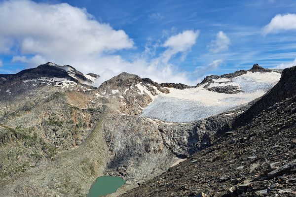 Eine Landschaftsaufnahme im Gebirge mit Gletscher und kleinem See.
