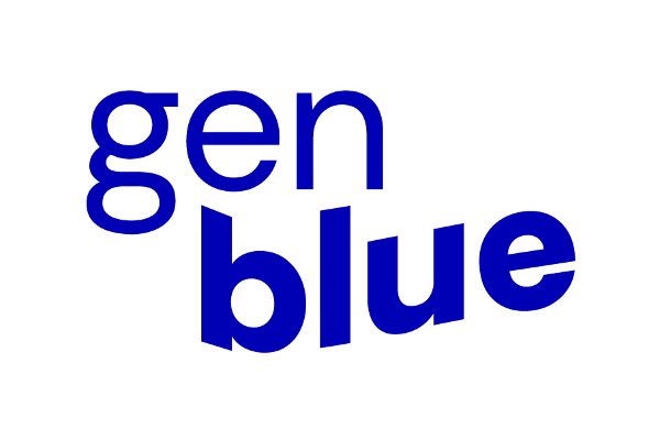 Das neue Logo von gen blue als blauer Schriftzug.