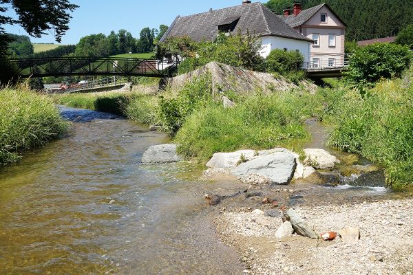 Niederwassersituation an der Mündung des Weißenbachs (rechts) in den Zöbernbach (links).