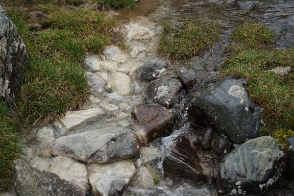 Kaunertal-Blockgletscher Krummgampental: Metallausfällungen im Bachbett nahe Quellbereich_