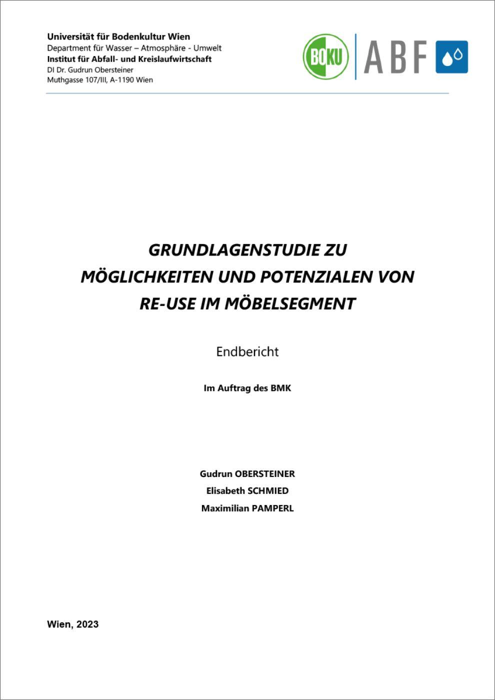 Titelblatt "Grundlagenstudie zu Möglichkeiten und Potentziale von Re-Use im Möbelsegment"