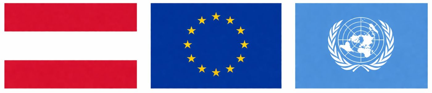 Darstellung der Flaggen Austria, EU und Uno in einer Reihe.