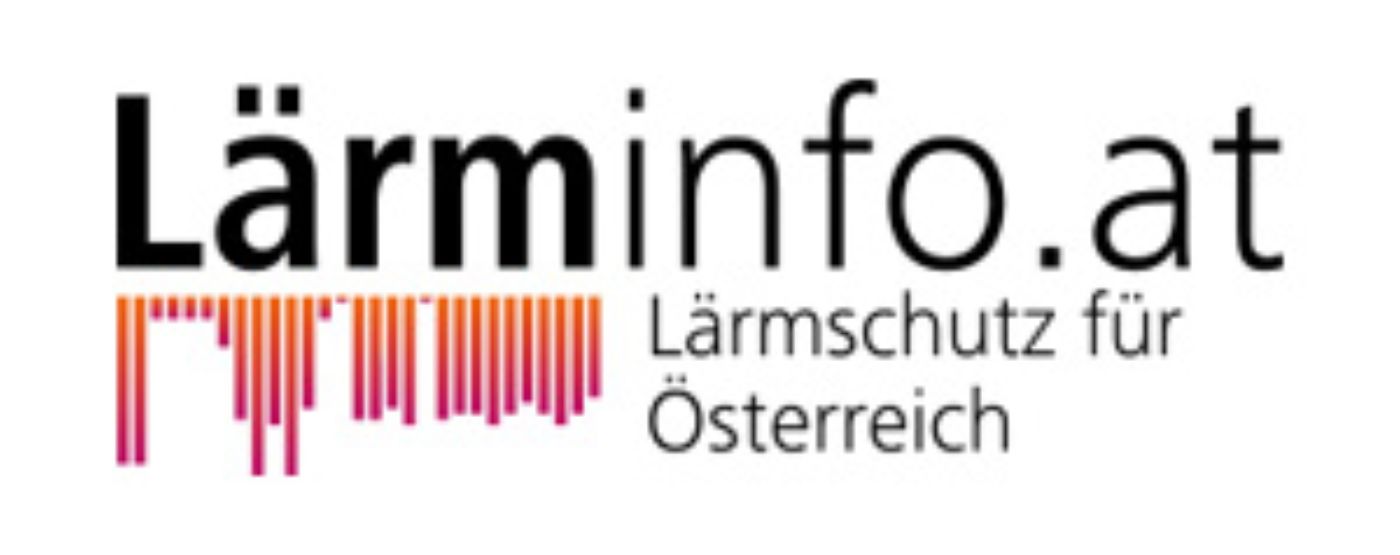 Das Logo von der Website Lärminfo.at zeigt den Schriftzug und rote Linien, die den Schall darstellen sollen, unter der Schrift. 