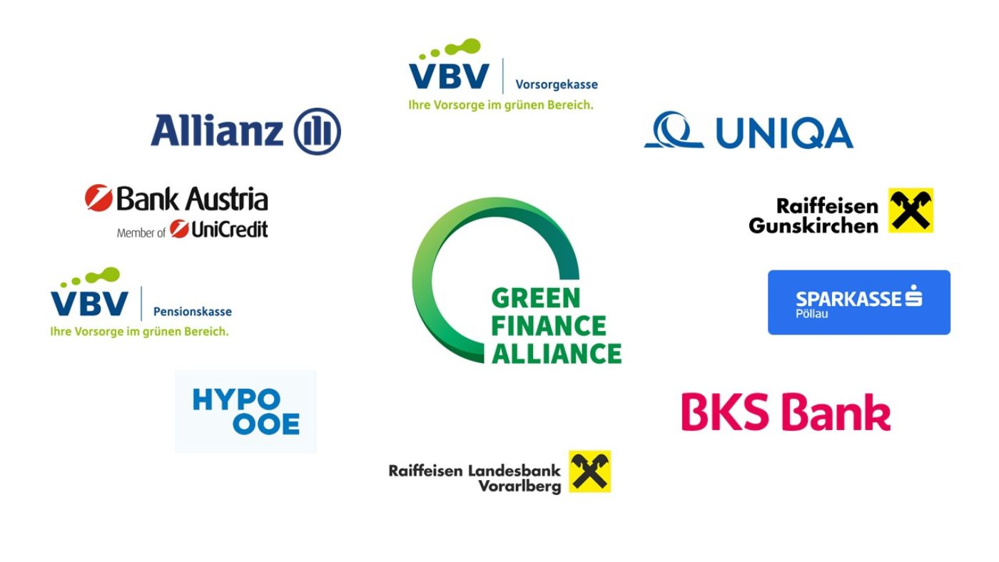 Logo-Wolke mit Mitgliederunternehmen der Green Finance Alliance<br/>