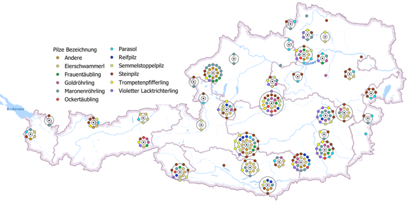 Sammelstellen der verschiedenen Pilze in Österreich