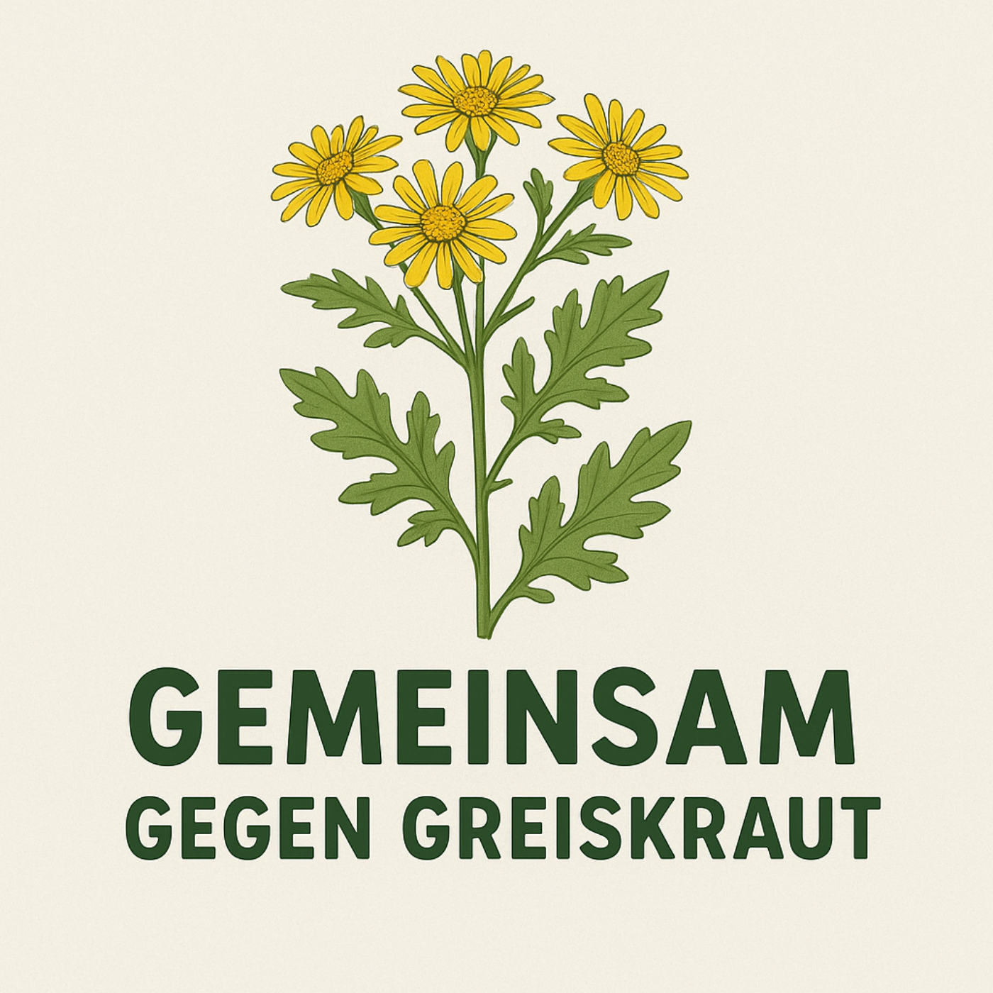 Greiskrautzeichnung und unterhalb der Schriftzug Gemeinsam gegen Greiskraut auf beigem Hintergrund