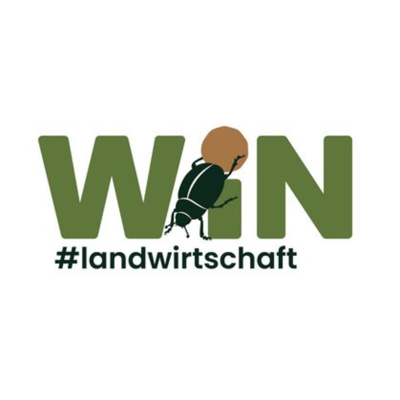 Logo des Projekts Werkstatt Innovation Natur #landwirtschaft - zu lesen ist: WiN #landwirtschaft - den i Punkt rollt ein Mistkäfer auf den Schriftzug