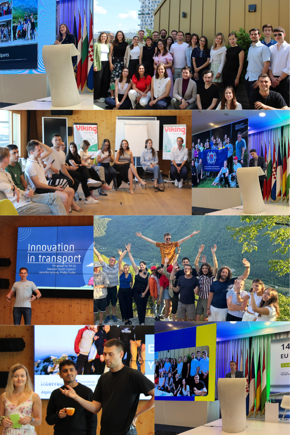 Fotocollage mit Gruppenfotos junger Menschen in unterschiedlichen Situationen (Sitzung, Ausflug, Vortrag, auf der Makroregionalen Woche in Brüssel) die im Rahmen des Danube Youth Council Mandats aufgenommen wurden.