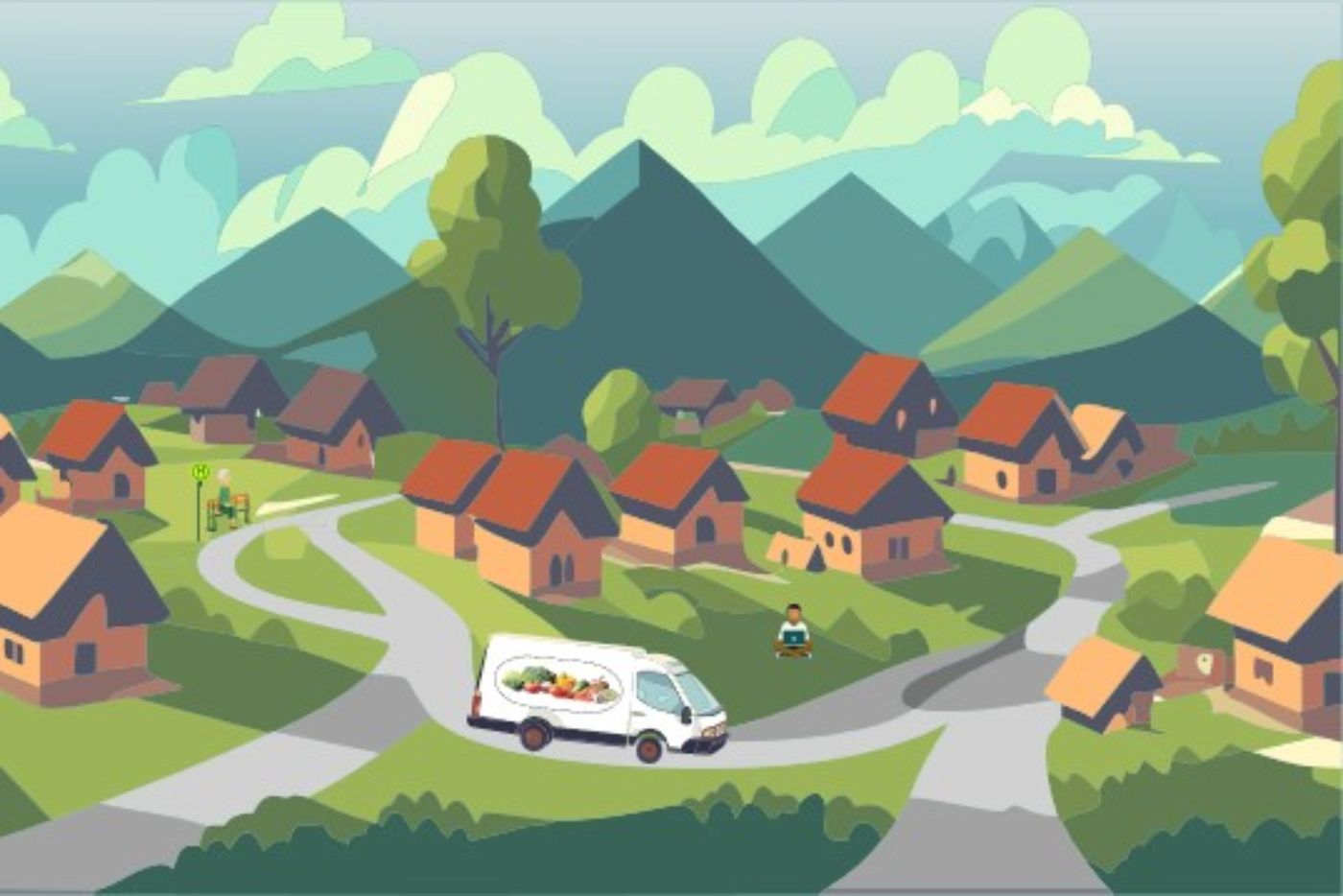 Die Illustration zeigt ein abgeschiedenens Dorf in den Bergen