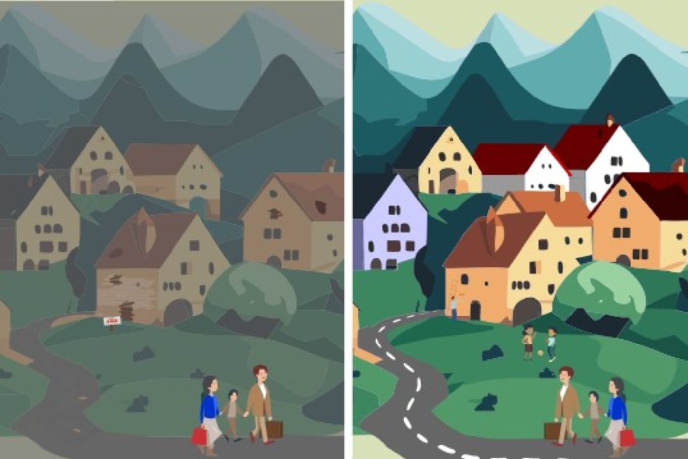 Die Illustration zeigt Zersiedelung und Wegzug auf der anderen Seite Zuzug und Verbesserungen