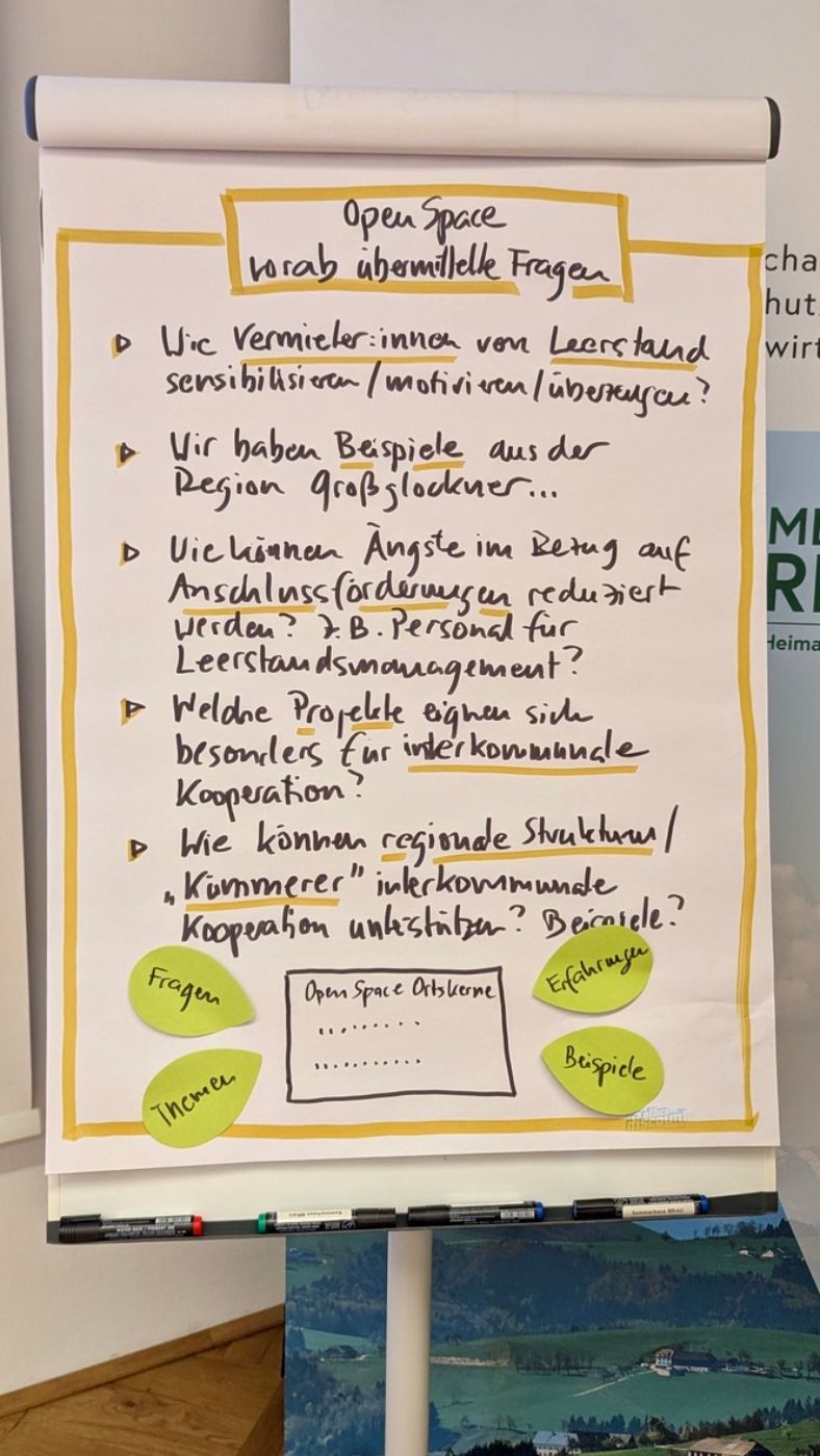 Ein Flipchart zeigt eine Grafik und Text zur Erläuterung des Open-Space-Arbeitsformats. 
