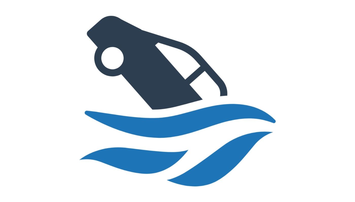 Icon eines Autos, welches von einer Überschwemmung erfasst wird. 