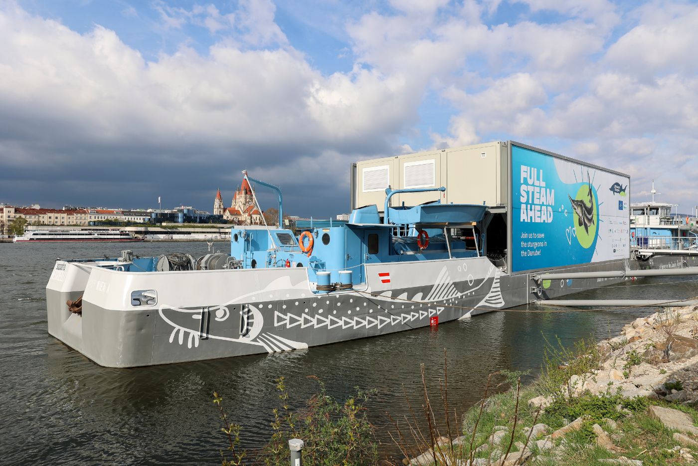 Europas erste schwimmende Aufzuchtstation für Störe eröffnet auf der Donau in Wien