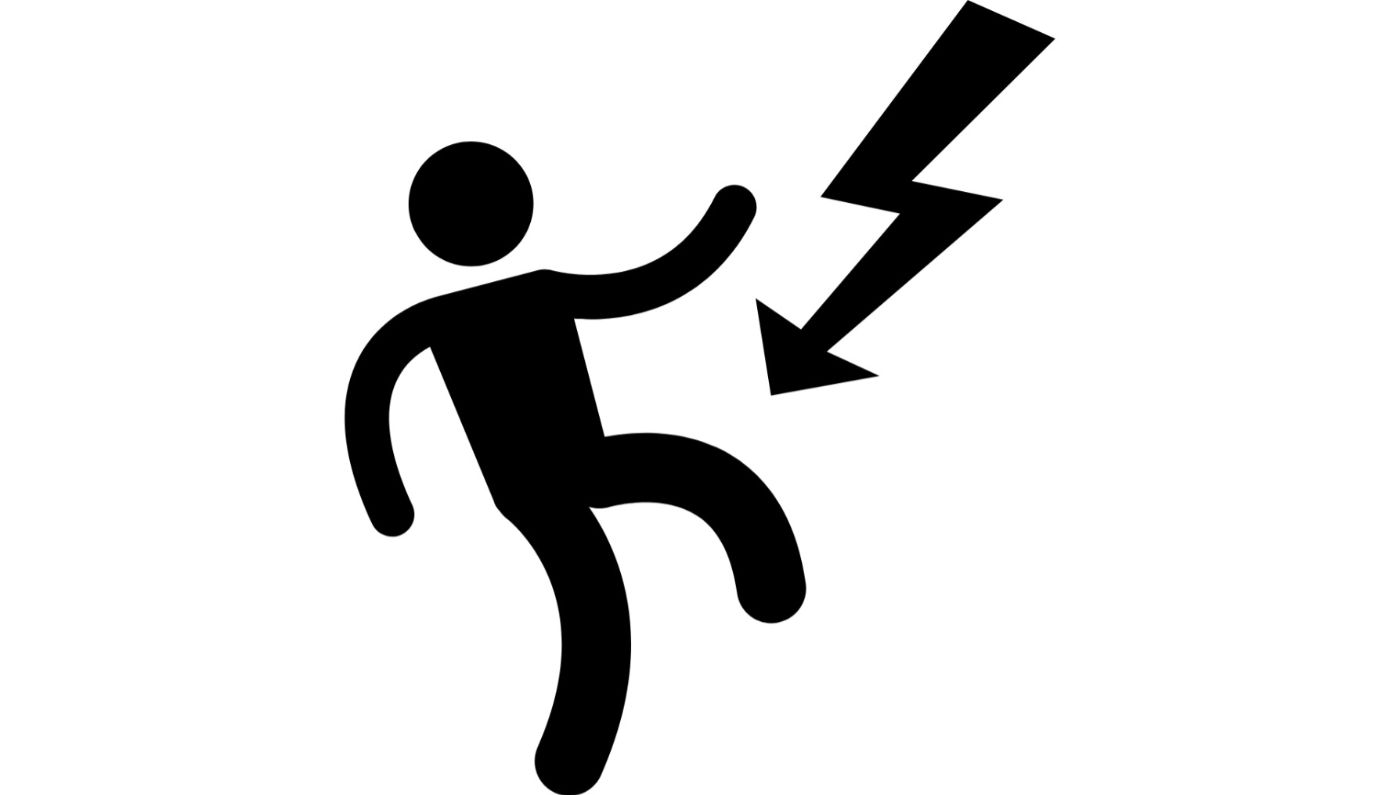 Ein Gefahrenicon eines Stromschlages, welcher mit einem Blitz angedeutet wird.