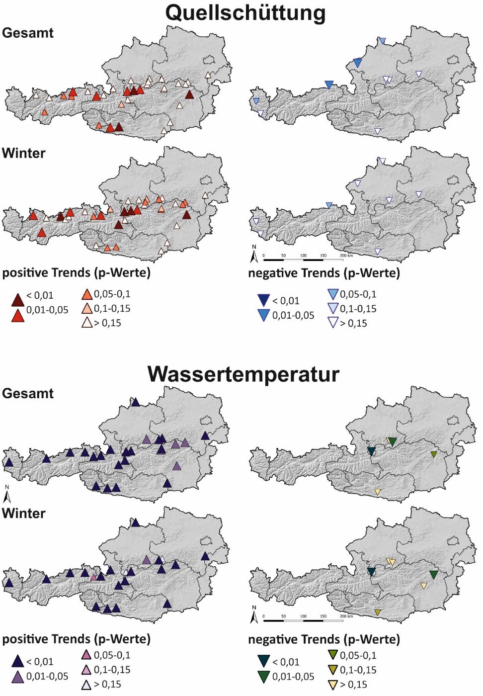 Saisonale Trends der Schüttung und der Wassertemperatur dargestellt in Abhängigkeit der jeweiligen p-Werte, jeweils 1 Karte für das gesamte Jahr und die Wintermonate und positive bzw. negative Änderungen in der Quellschüttung und in der Wassertemperatur.
