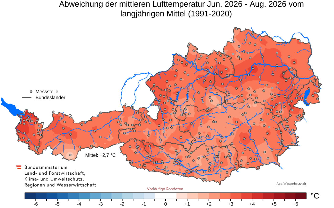 Karte zeigt die Temperaturentwicklung des Sommers 2026 an