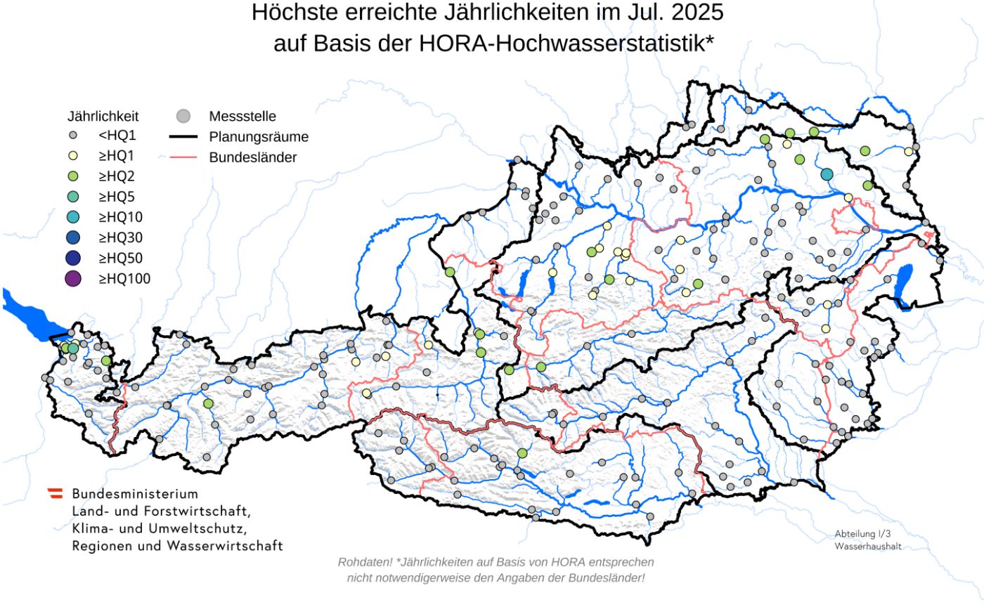Abbildung 11. Höchste erreichte Jährlichkeiten des Abflusses im Juli 2025. 